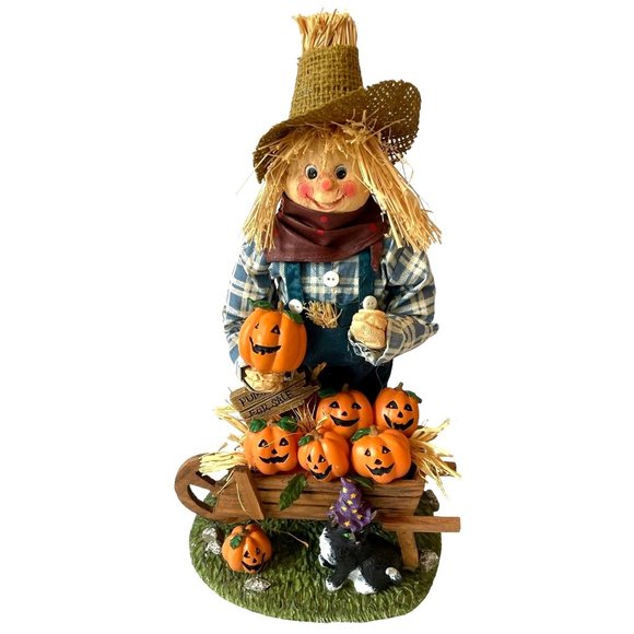 VTG Halloween Fabric Mache Scarecrow Statue w/ pumpkins & black cat 13.5” Figure - Picture 1 of 12